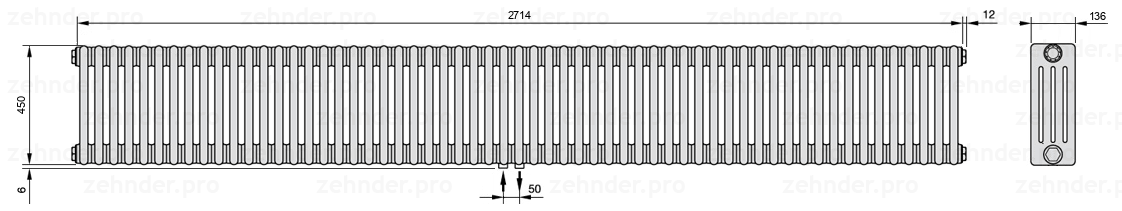 Схема (чертеж) Радиатор Zehnder Charleston 4045/59 №3470 Белый глянцевый RAL 9016